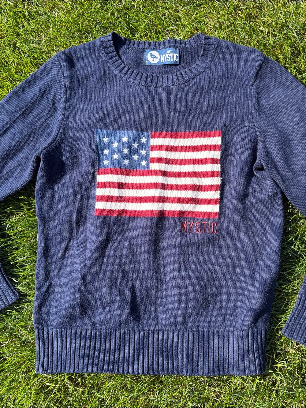 Mystic Navy Crewneck Sweater with American Flag Knit